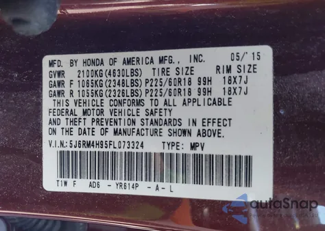 2015 Honda Cr-V Touring из США, поврежденный, VIN 5J6RM4H95FL073324